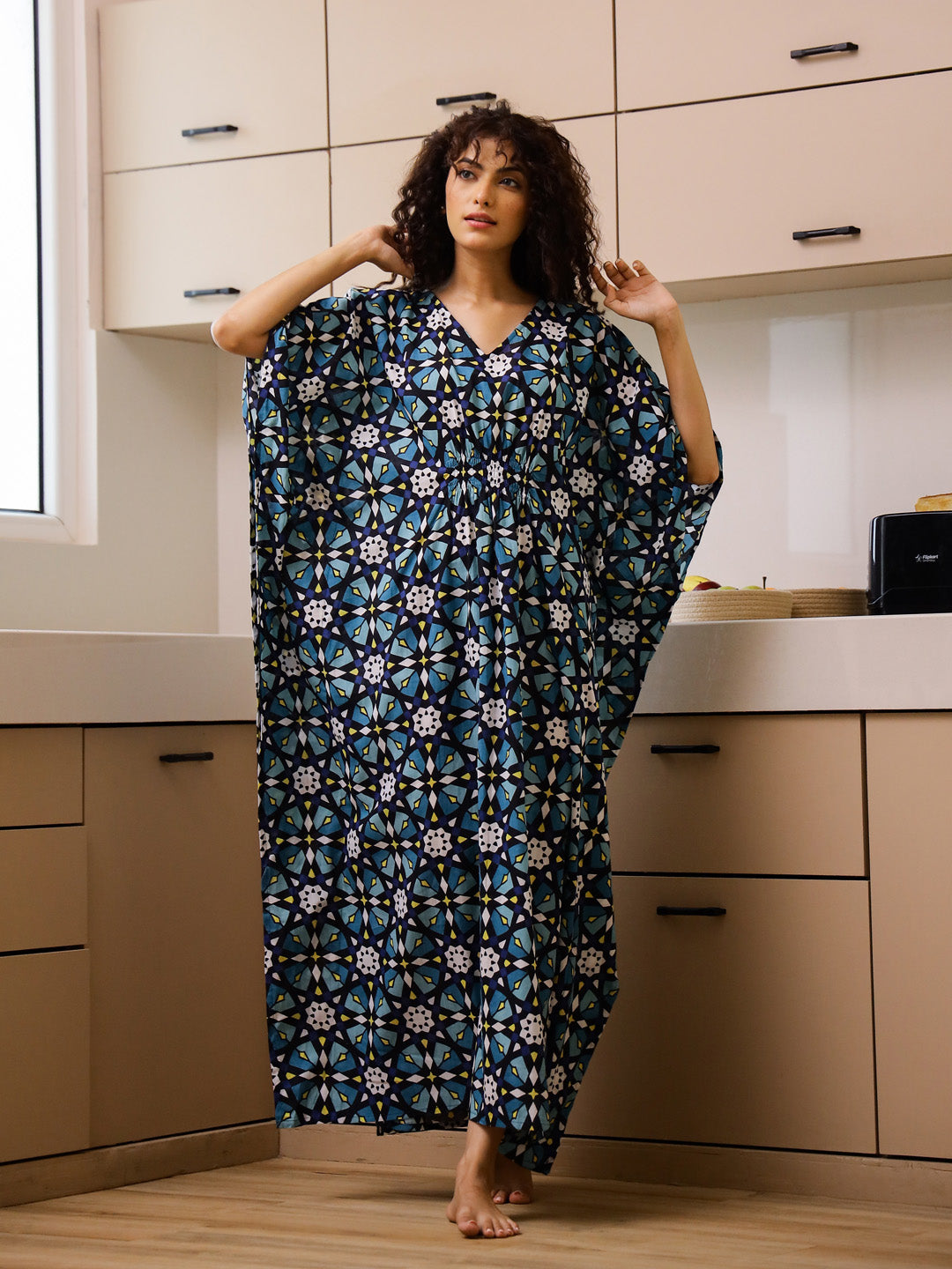Cotton Printed Kaftan Night Suit Set - SanskrutiHomes 