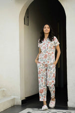 White Pure Cotton Printed Night Suit Set for Women - SanskrutiHomes 