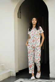 White Pure Cotton Printed Night Suit Set for Women - SanskrutiHomes 
