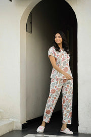 White Pure Cotton Printed Night Suit Set for Women - SanskrutiHomes 