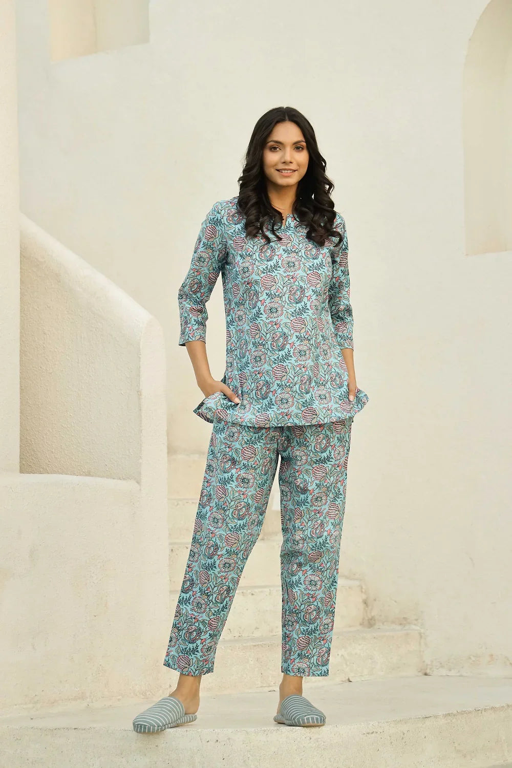 Sky Blue Printed Pure Cotton Night suit - SanskrutiHomes 