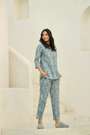 Sky Blue Printed Pure Cotton Night Suit