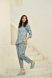 Sky Blue Printed Pure Cotton Night suit - SanskrutiHomes 