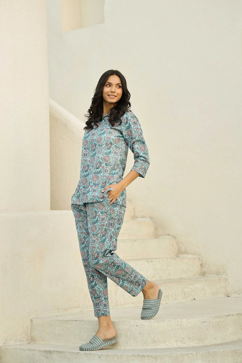 Sky Blue Printed Pure Cotton Night suit - SanskrutiHomes 