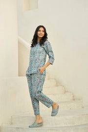 Sky Blue Printed Pure Cotton Night Suit