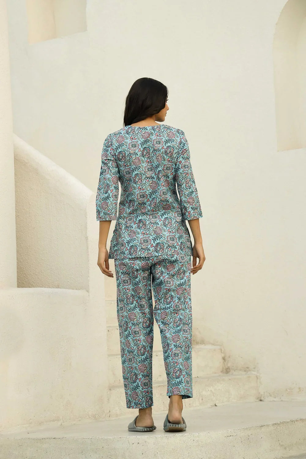 Sky Blue Printed Pure Cotton Night suit - SanskrutiHomes 