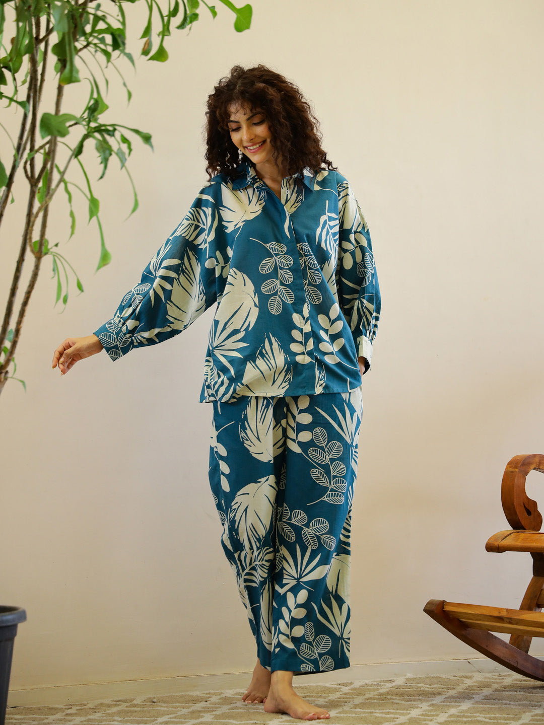 Teal Flower Printed Night Suit Set For Women