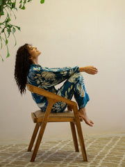 Teal Flower Printed Night Suit Set For Women