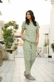 Sage Printed Pure Cotton Night suit - SanskrutiHomes 