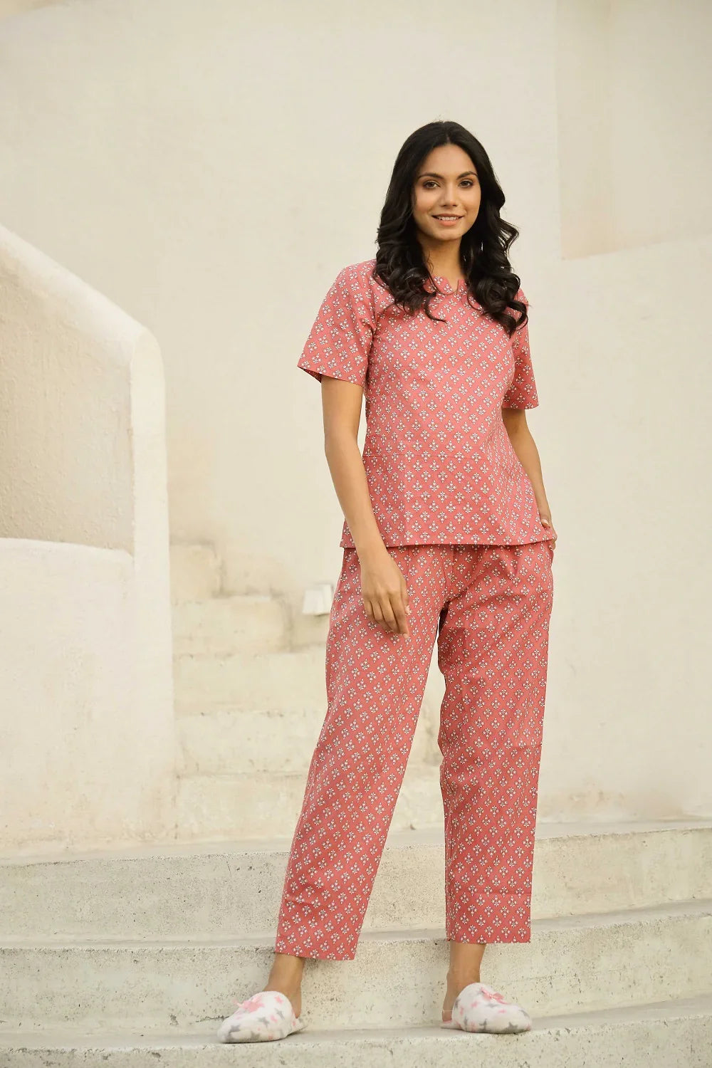 Peach pink printed pure cotton night suit set - SanskrutiHomes 
