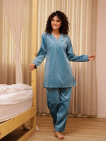 Blue Solid velvet Night Suit Set - SanskrutiHomes 