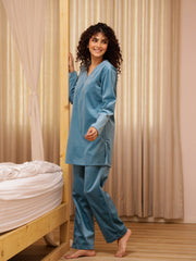 Blue Solid Velvet Night Suit Set