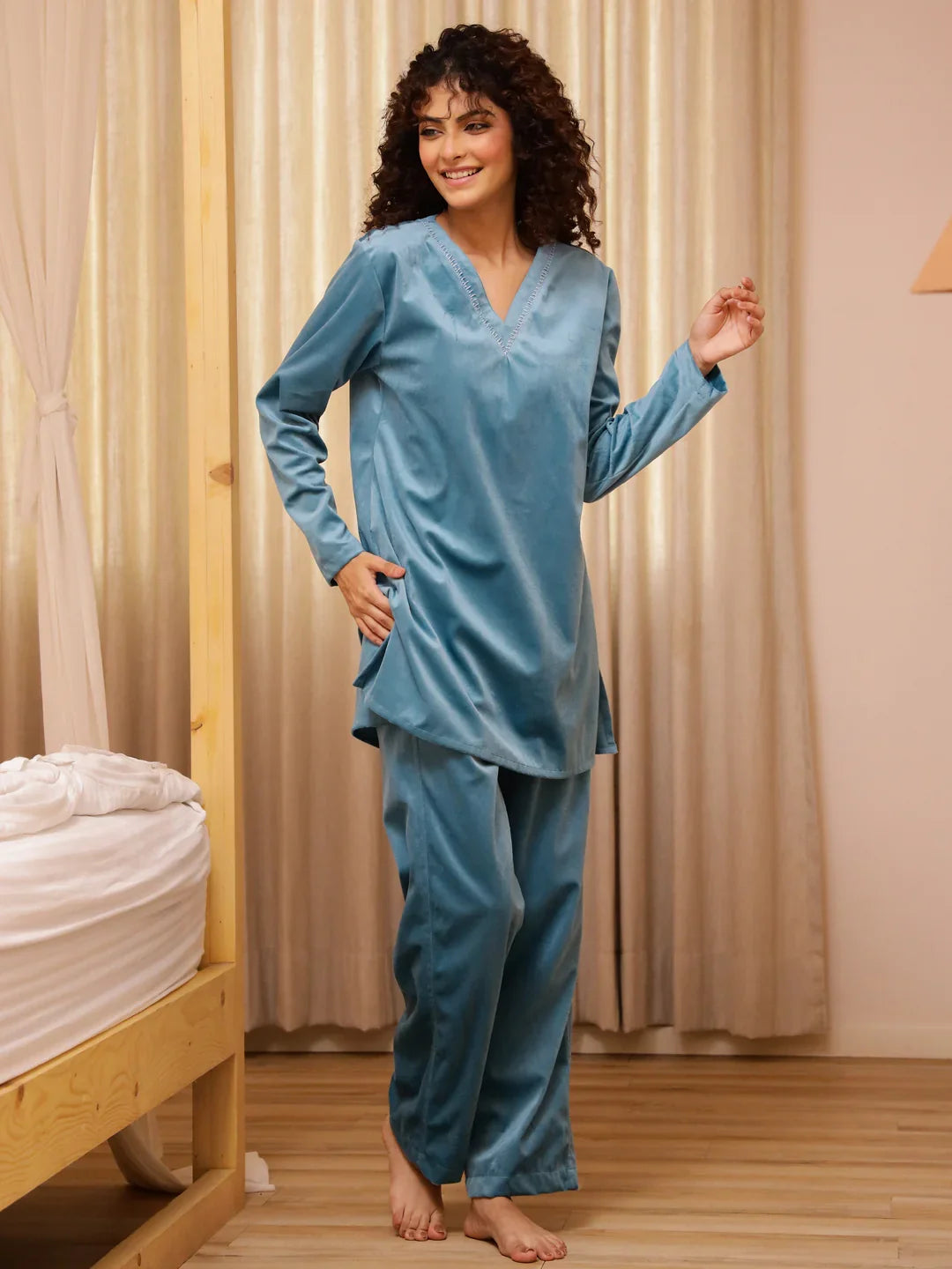 Blue Solid velvet Night Suit Set - SanskrutiHomes 
