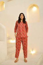 Red & white printed pure cotton night suit set - SanskrutiHomes 