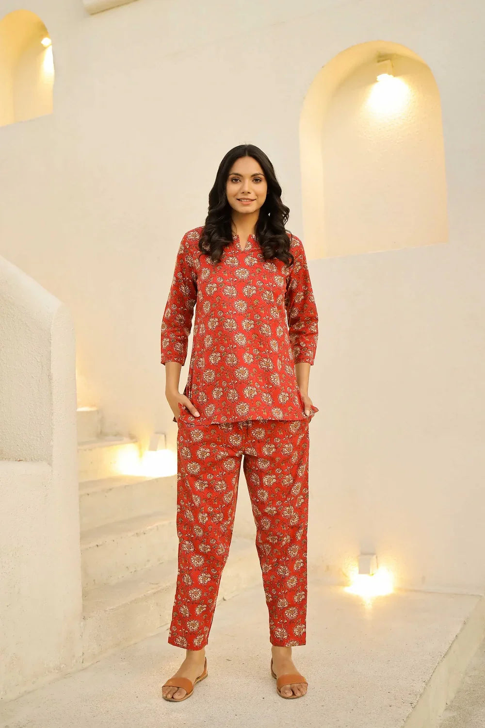 Red & White Printed Pure Cotton Night Suit Set