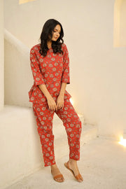 Red & White Printed Pure Cotton Night Suit Set