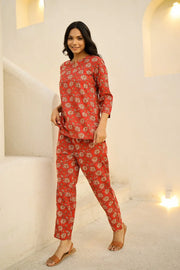 Red & White Printed Pure Cotton Night Suit Set