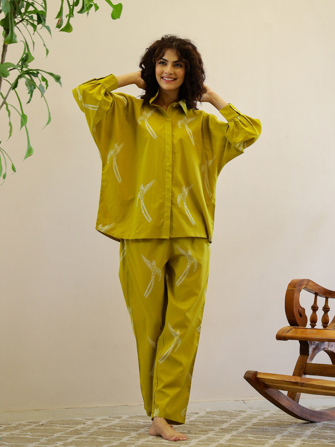Yellow Printed Night Suit Set For Women