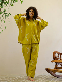 Yellow Printed Night Suit Set for Women - SanskrutiHomes 