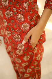 Red & White Printed Pure Cotton Night Suit Set
