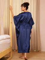 Blue V-Neck Velvet Winter Kaftan - SanskrutiHomes 