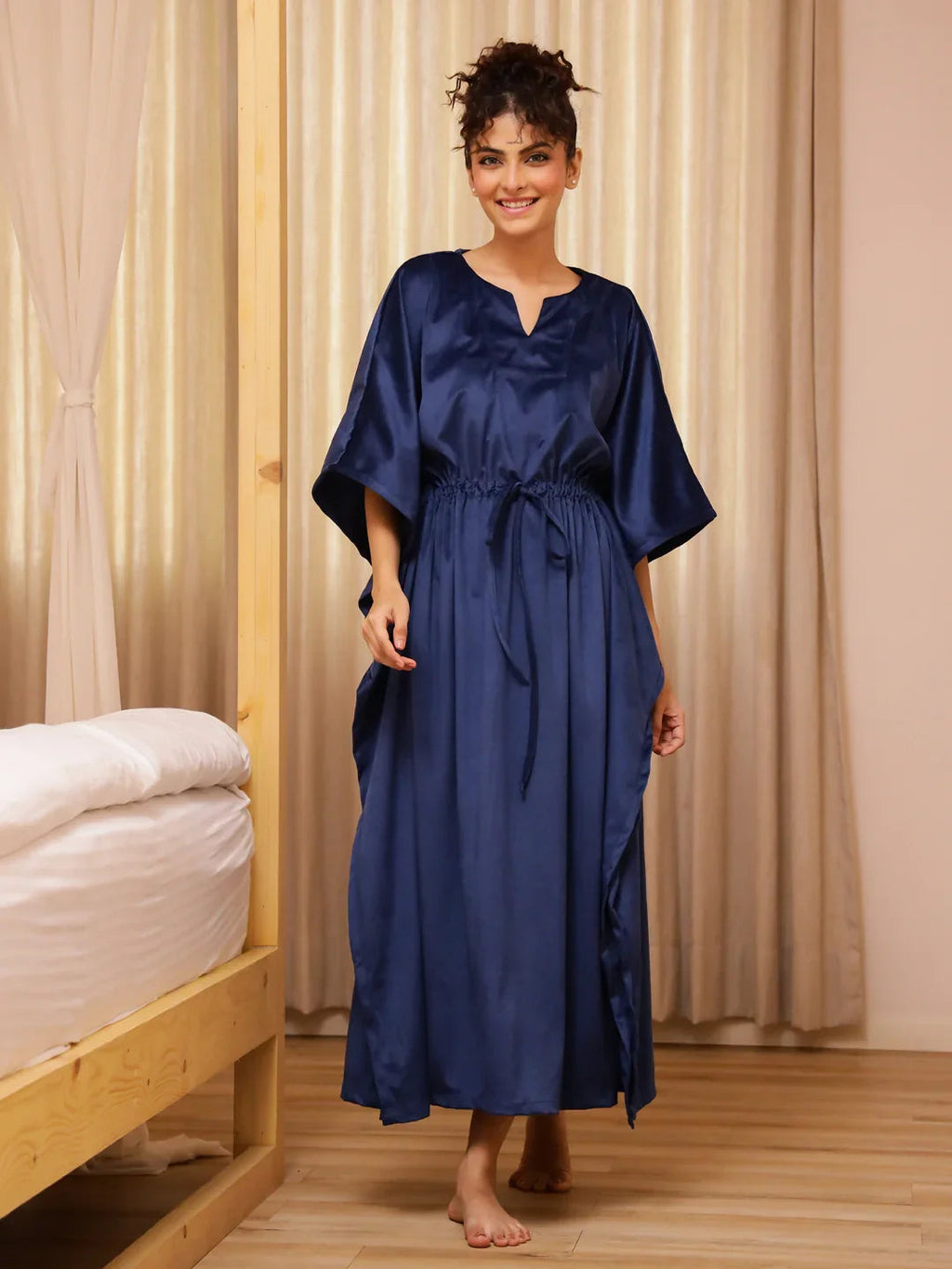 Blue V-Neck Velvet Winter Kaftan - SanskrutiHomes 