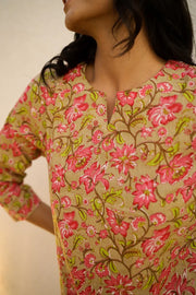 Green & Pink Printed Pure Cotton Night Suit Set