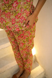 Green & Pink Printed Pure Cotton Night Suit Set