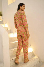 Green & Pink Printed Pure Cotton Night Suit Set