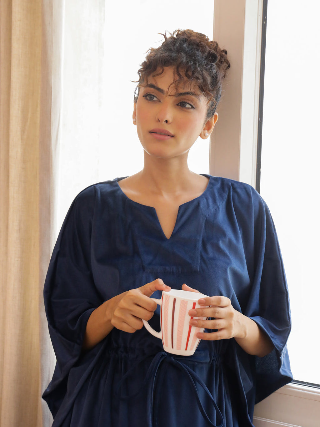 Blue V-Neck Velvet Winter Kaftan - SanskrutiHomes 