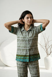 Off White Shirt Collar Ethnic Motifs Pure Cotton Night Suit For Women