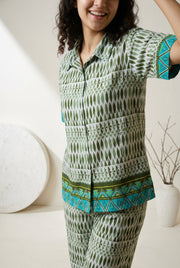 Off White Shirt Collar Ethnic Motifs Pure Cotton Night Suit For Women