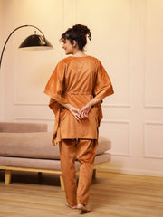 Orange Solid V-Neck Velvet Kaftan Night Suit For Women
