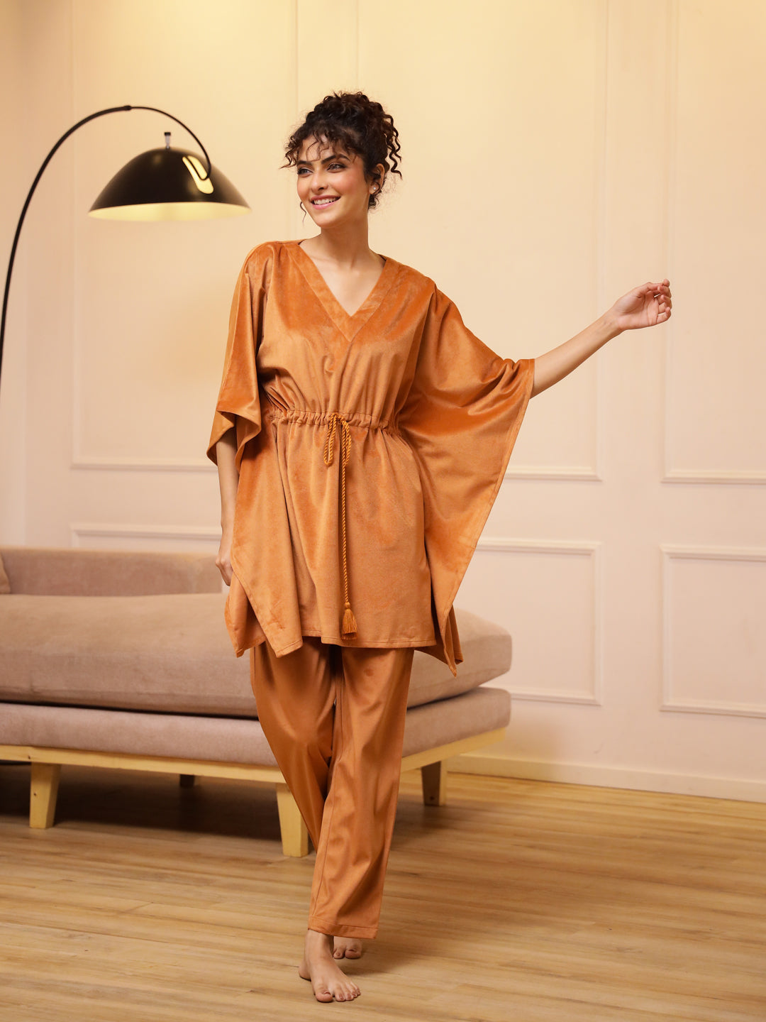 Orange Solid V-Neck Velvet Kaftan Night Suit For Women