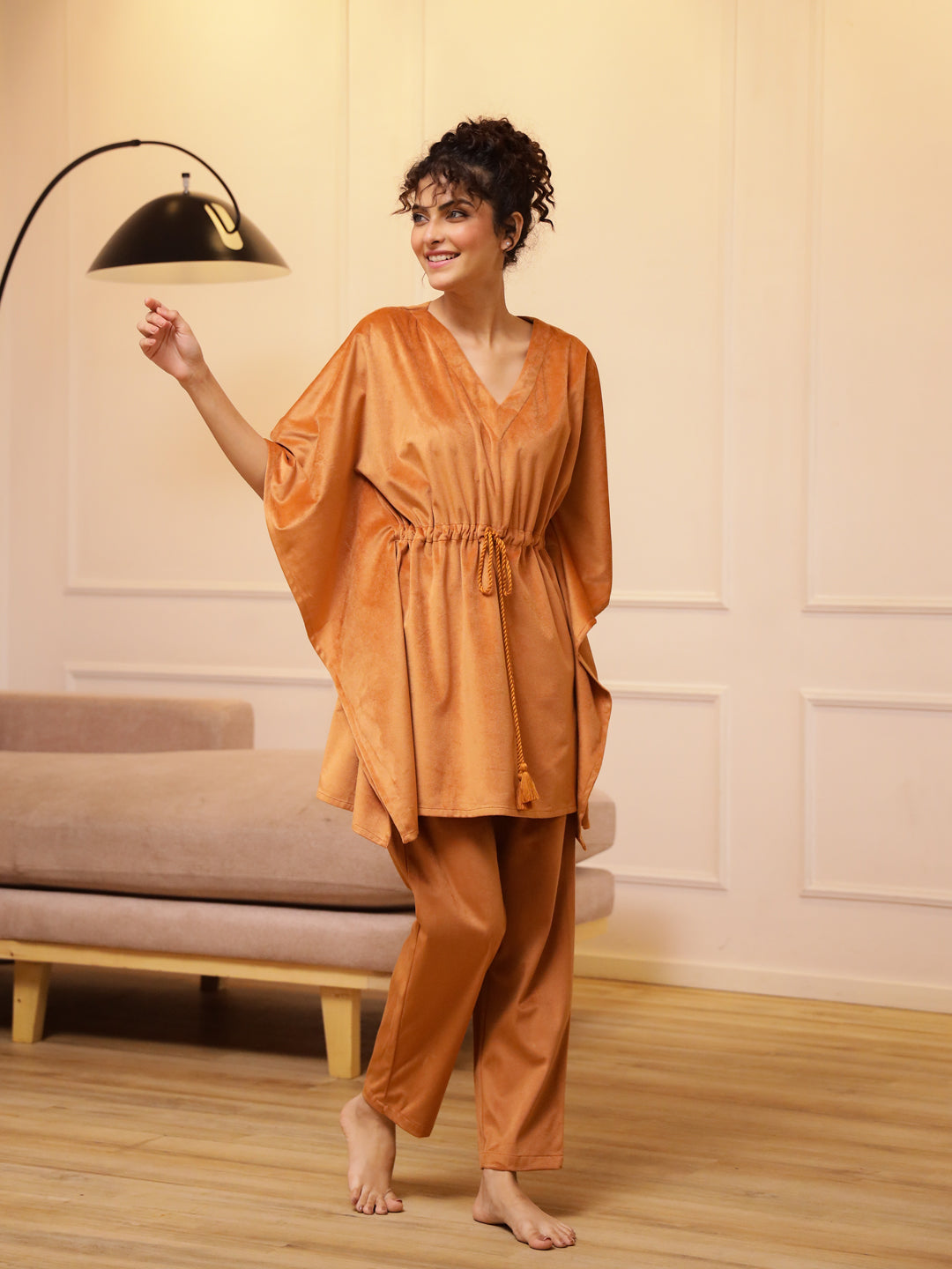 Orange V-Neck Velvet Winter Kaftan - SanskrutiHomes 