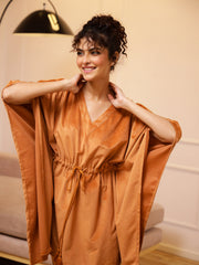 Orange Solid V-Neck Velvet Kaftan Night Suit For Women