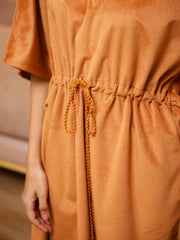 Orange Solid V-Neck Velvet Kaftan Night Suit For Women