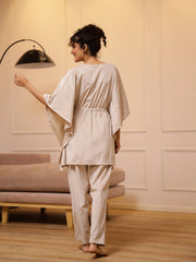Cream V-Neck Velvet Winter Kaftan - SanskrutiHomes 