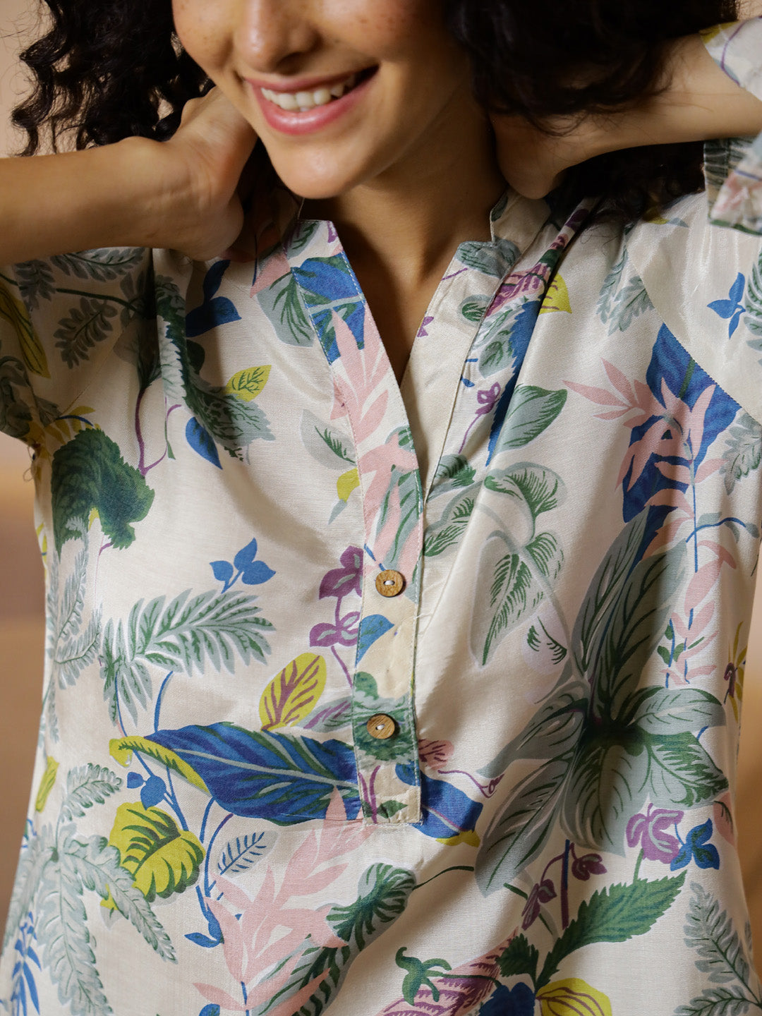 Floral Printed V-Neck Cotton Night Suit - SanskrutiHomes 