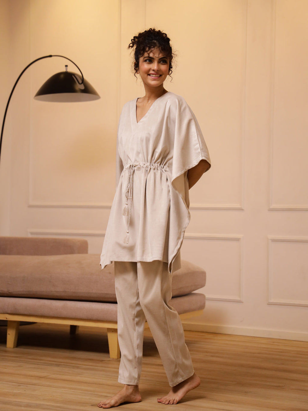 Cream V-Neck Velvet Winter Kaftan - SanskrutiHomes 