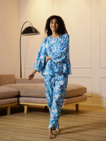 Blue Flower Printed Round Neck Night Suit - SanskrutiHomes 