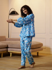 Blue Flower Printed Round Neck Night Suit - SanskrutiHomes 