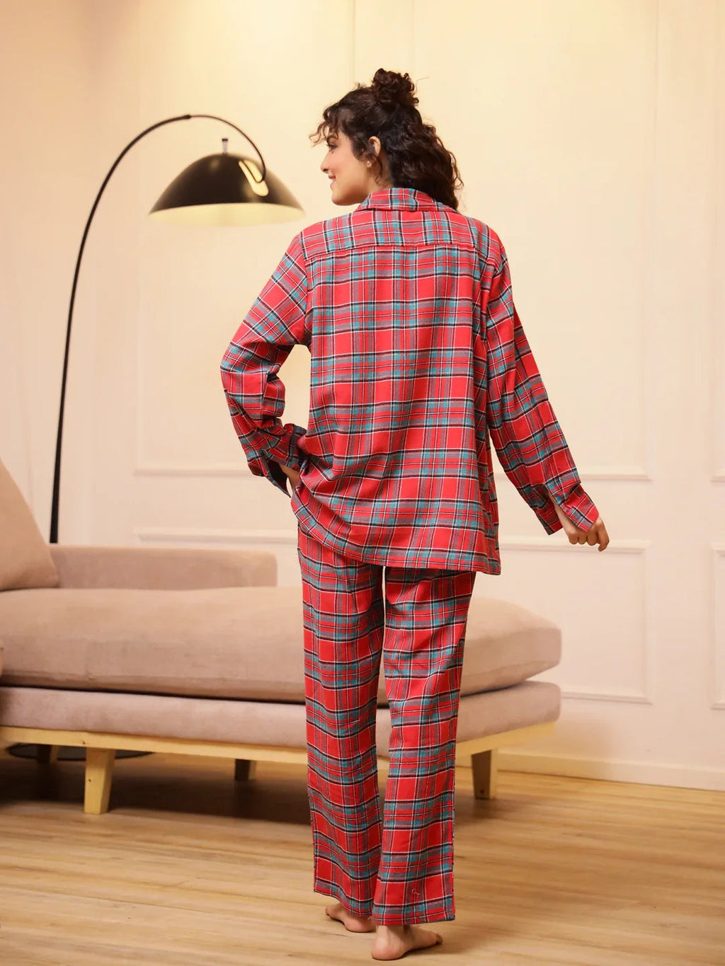 Red Checks Cashmere Winter Loungewear Set - SanskrutiHomes 