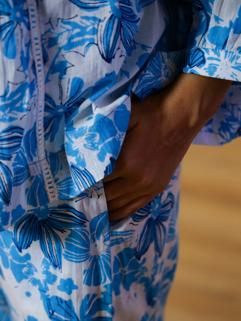 Blue Flower Printed Round Neck Night Suit - SanskrutiHomes 