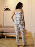 White Floral Printed Night Suit Set - SanskrutiHomes 