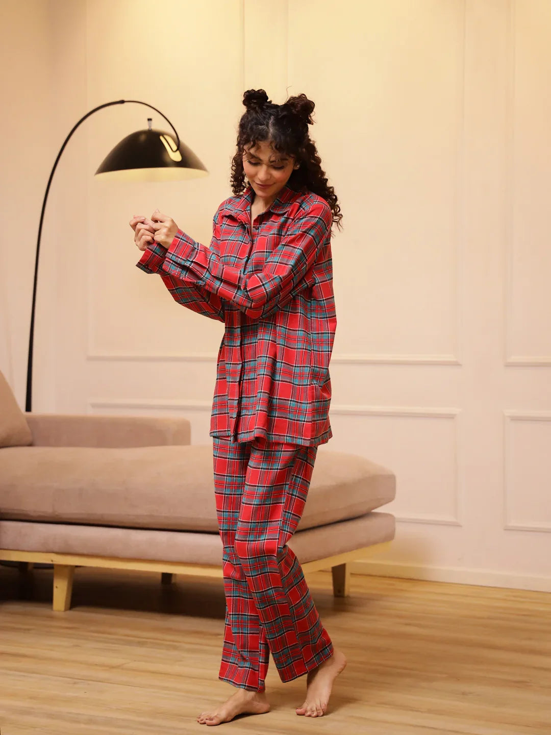 Red Checks Cashmere Winter Loungewear Set - SanskrutiHomes 
