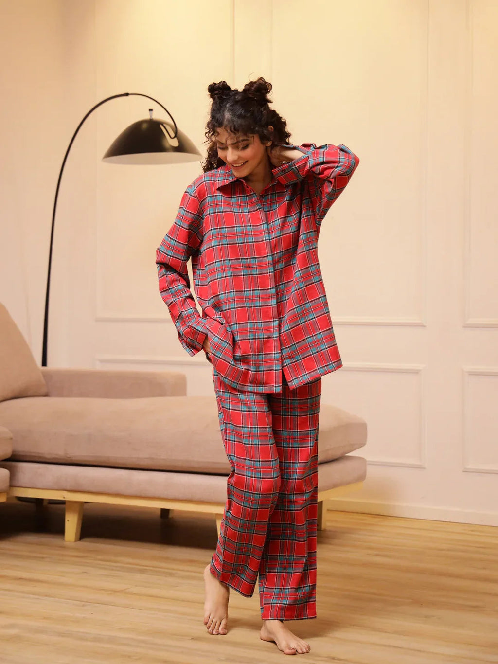Red Checks Cashmere Winter Loungewear Set - SanskrutiHomes 