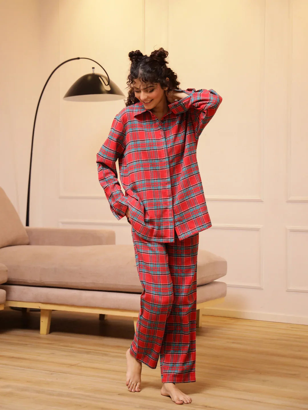 Red Checks Cashmere Winter Loungewear Set - SanskrutiHomes 