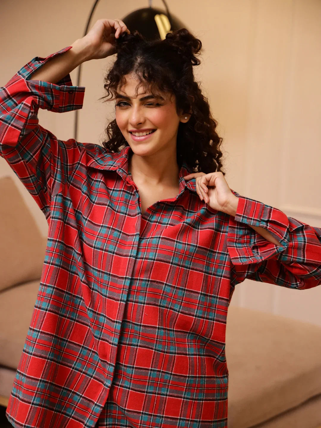 Red Checks Cashmere Winter Loungewear Set - SanskrutiHomes 