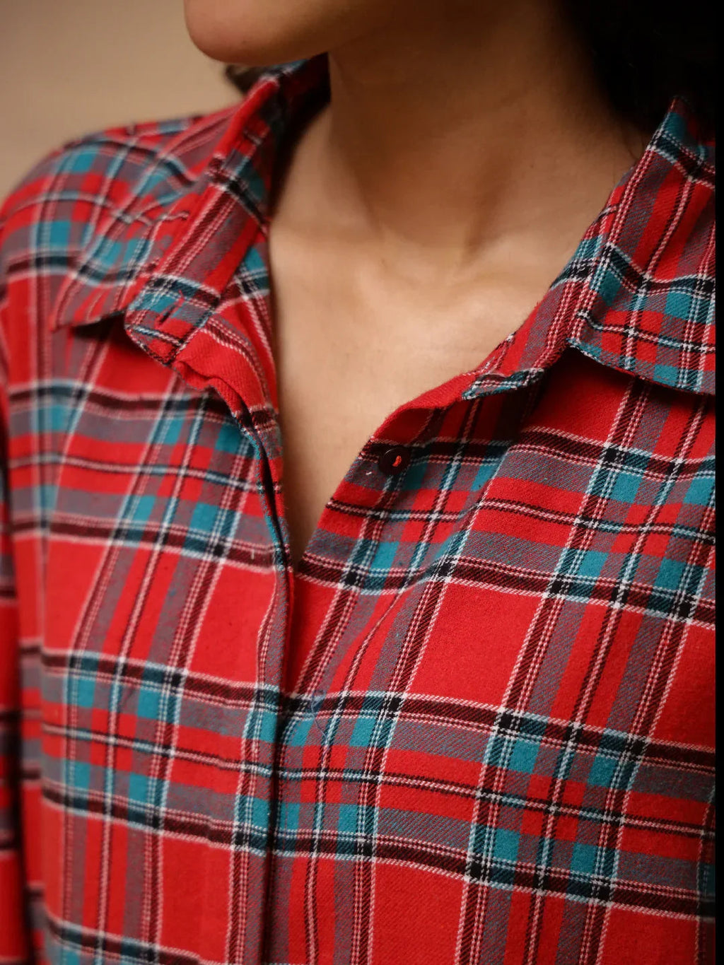 Red Checks Cashmere Winter Loungewear Set - SanskrutiHomes 